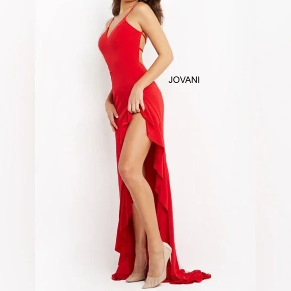 La Femme Jovanni 28294 Lace-up Open Back Ruffle High-Low Dress Size 6